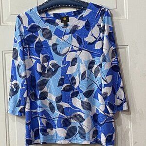 JM Collection Sz PL  Womens Knit Top 3/4 Sleeve Blue/White/Silver Leaves